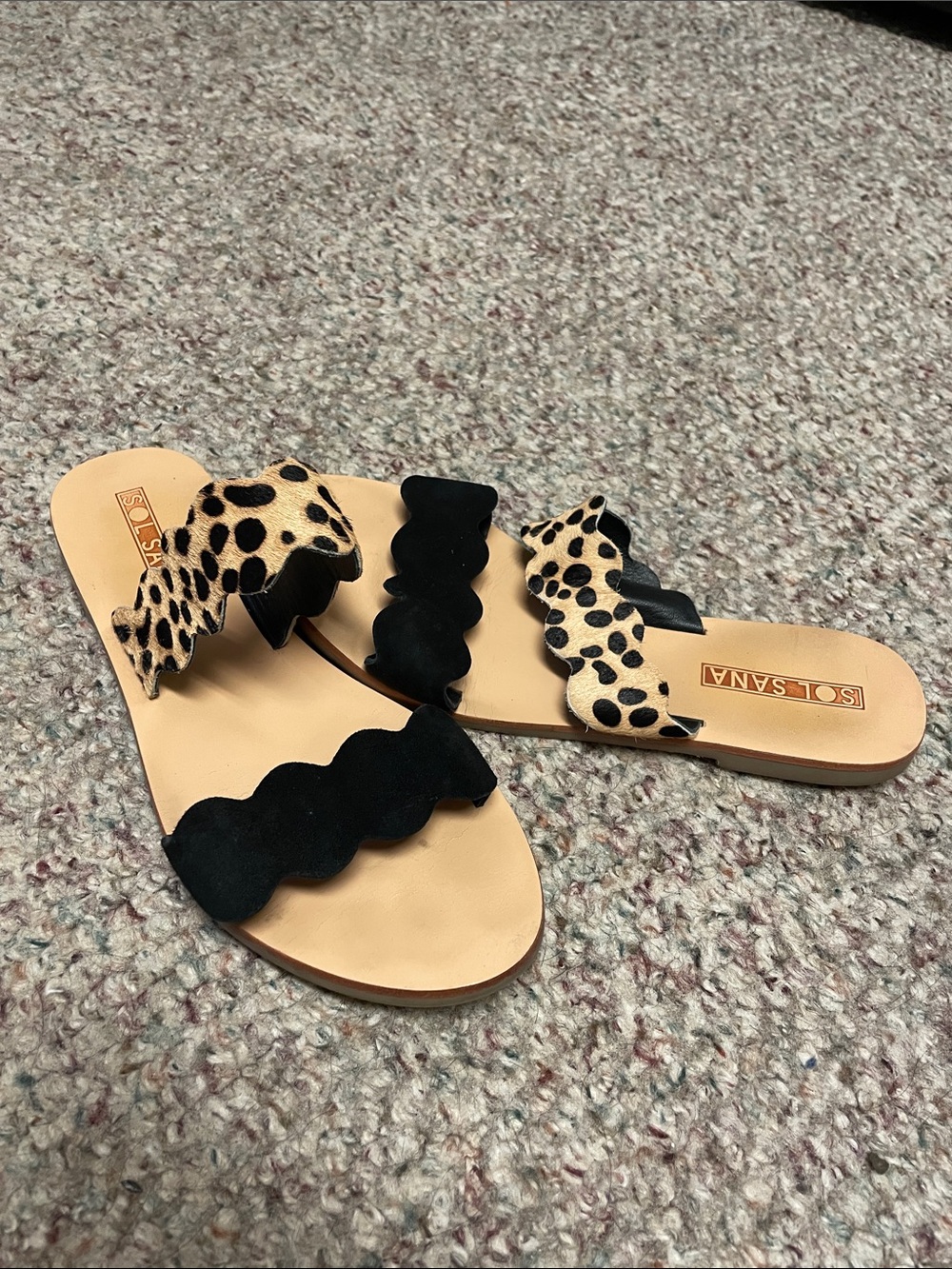 Sol Sana Black & Tan furry Leopard Scalloped Slide Sandals